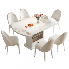 兮家 552#岩板餐桌可伸缩圆桌小户型现代简约餐桌椅1.3米餐桌配4椅 1350*850*750
