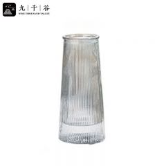 九千谷 玻璃花瓶摆件鲜花康乃馨玫瑰富贵竹插花瓶水培竖纹透明高20cm